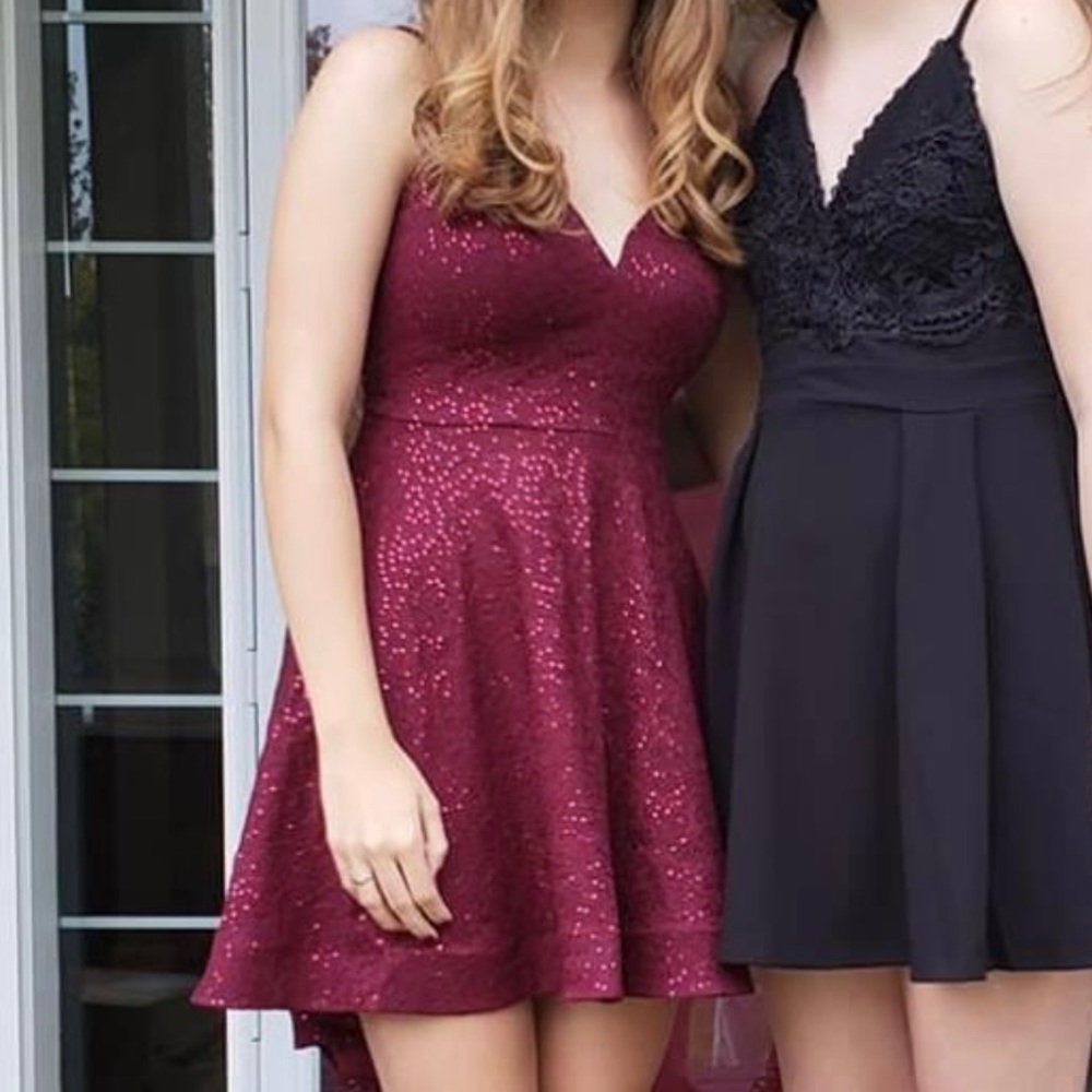 Maroon Lace Sequin Homecoming Dress